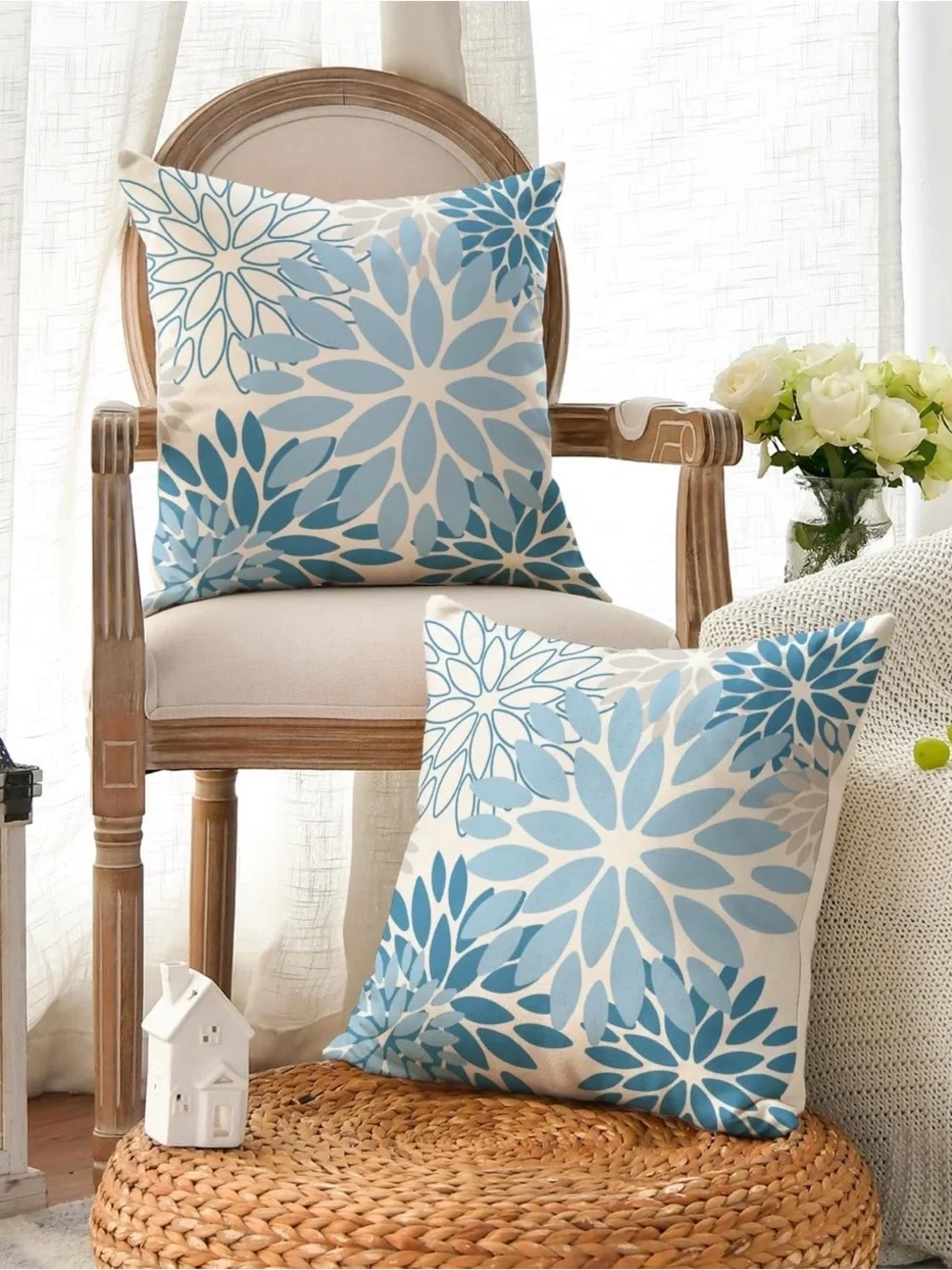 Blue Floral Decorative Throw Pillow Covers